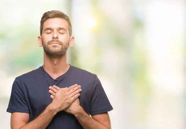 Jeune Homme Beau Sur Fond Isolé Souriant Avec Les Mains — Photo