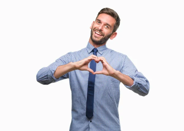 Joven Hombre Negocios Guapo Sobre Fondo Aislado Sonriendo Amor Mostrando — Foto de Stock