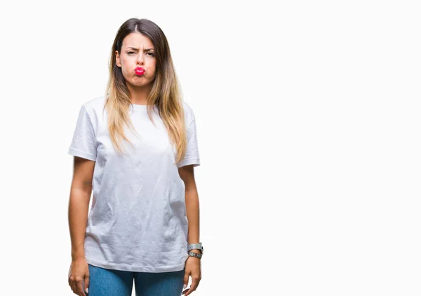 Young Beautiful Woman Casual White Shirt Isolated Background Puffing Cheeks — Stock Photo, Image