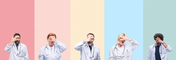 Collage Professional Doctors Colorful Stripes Isolated Background Peeking Shock Covering — Stock Photo, Image