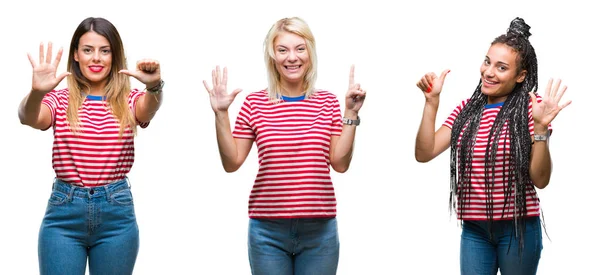 年轻女性在孤立的背景上穿着条纹 T恤的拼贴 在微笑着自信和快乐的同时 用手指指向六号 — 图库照片
