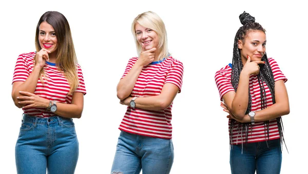 Collage Mujeres Jóvenes Con Camisetas Rayas Sobre Fondo Aislado Mirando —  Fotos de Stock