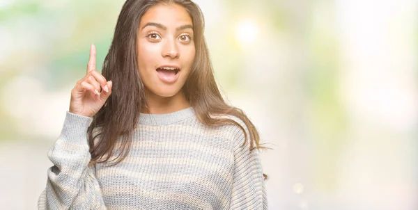 Jonge Mooie Arabische Vrouw Dragen Winter Trui Geïsoleerde Achtergrond Vinger — Stockfoto