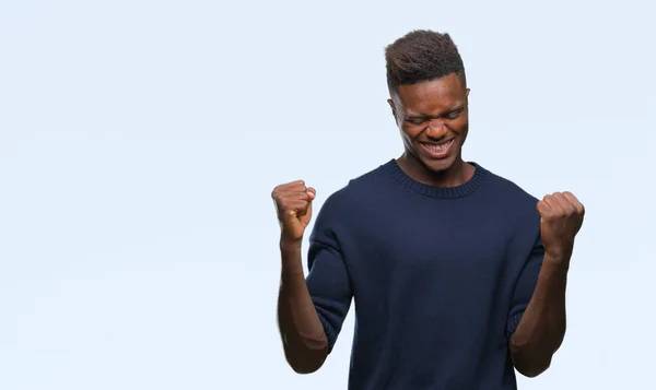 Afryki Amerykański Młodzieńca Białym Tle Bardzo Szczęśliwy Podekscytowany Robi Zwycięzca — Zdjęcie stockowe
