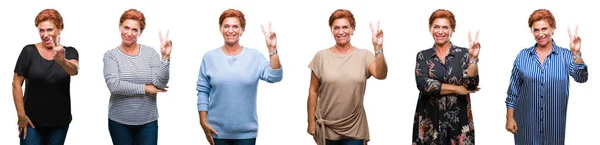 Collage Medelåldern Senior Kvinna Över Vit Isolerade Bakgrund Leende Med — Stockfoto