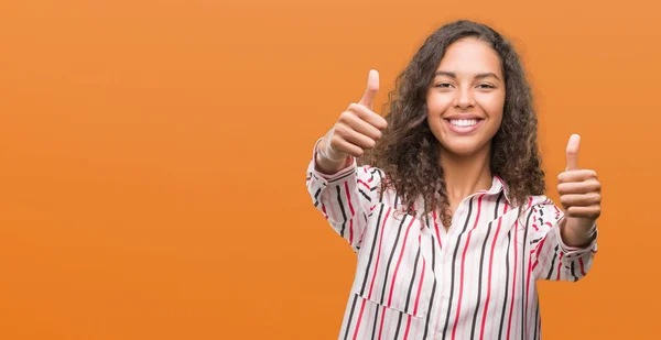 Beautiful Young Hispanic Woman Approving Doing Positive Gesture Hand Thumbs — Stock Photo, Image