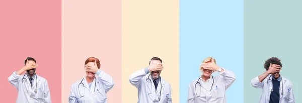 Collage Medici Professionisti Strisce Colorate Sfondo Isolato Sorridente Ridente Con — Foto Stock