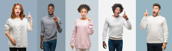 Collage Grupo Personas Afroamericanas Hispanas Que Usan Suéter Invierno Sobre — Foto de Stock