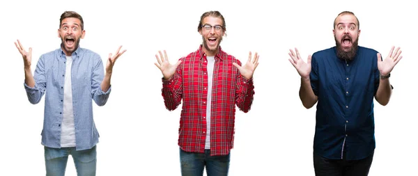 Collage Gruppo Giovani Sfondo Bianco Isolato Che Celebrano Pazzo Stupito — Foto Stock