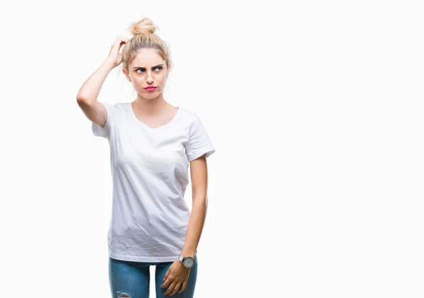 Young Beautiful Blonde Woman Wearing White Shirt Isolated Background Confuse — Stock Photo, Image