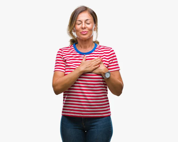 Middelbare Leeftijd Senior Latino Vrouw Geïsoleerde Achtergrond Glimlachend Met Handen — Stockfoto