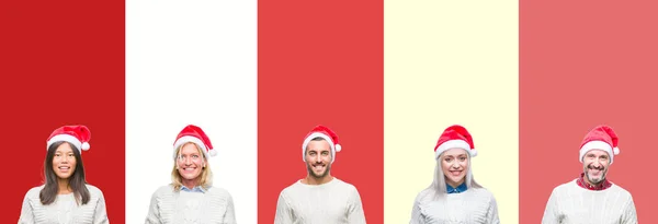 Collage Gruppo Giovani Che Indossano Cappello Natale Sfondo Rosso Isolato — Foto Stock