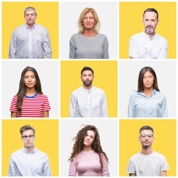 Collage Grupo Jóvenes Personas Mayores Sobre Fondo Aislado Amarillo Con — Foto de Stock