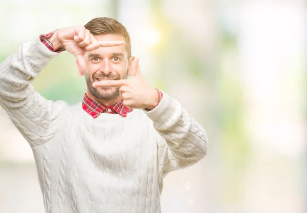 Genç Yakışıklı Adam Elleriyle Yapım Çerçeve Parmakları Ile Mutlu Yüz — Stok fotoğraf