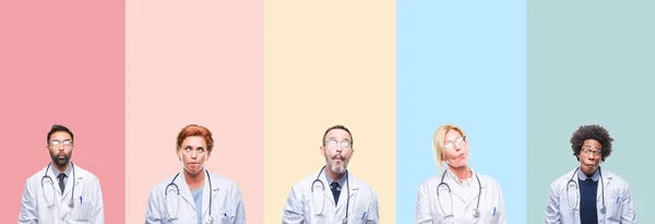 Collage Médecins Professionnels Sur Fond Isolé Rayures Colorées Faisant Visage — Photo