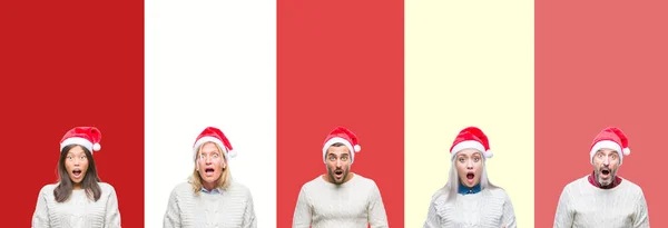 Collage Van Groep Jongeren Dragen Kerstmuts Rode Geïsoleerde Achtergrond Bang — Stockfoto
