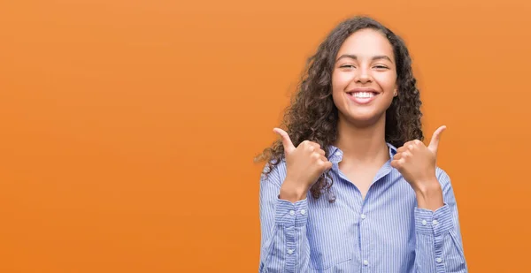 Young Hispanic Business Woman Success Sign Doing Positive Gesture Hand — Stock Photo, Image