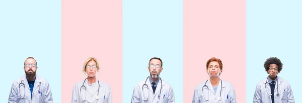 Collage Group Professionals Doctors Wearing Medical Uniform Isolated Background Puffing — Stock Photo, Image
