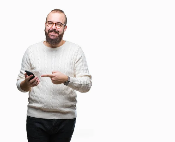 Young Caucasian Hipster Man Texting Sending Message Using Smartphone Isolated — Stock Photo, Image