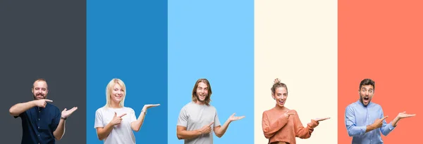 Colagem Jovens Casuais Sobre Listras Coloridas Fundo Isolado Espantado Sorrindo — Fotografia de Stock