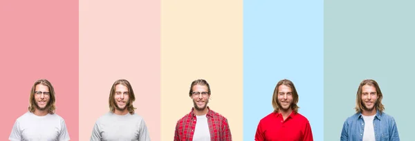 Collage Giovane Bell Uomo Strisce Colorate Sfondo Isolato Strizzando Occhio — Foto Stock