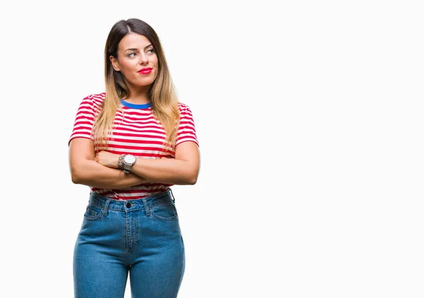 Mujer Hermosa Joven Mirada Casual Sobre Fondo Aislado Sonriendo Mirando — Foto de Stock