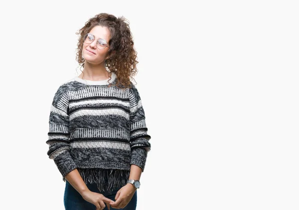 Mooie Brunette Krullend Haar Jong Meisje Met Bril Geïsoleerde Achtergrond — Stockfoto