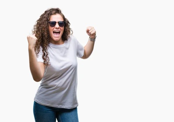 Beautiful Brunette Curly Hair Young Girl Wearing Sunglasses Isolated Background — Stock Photo, Image