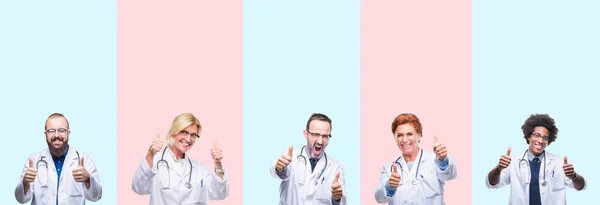 Коллаж Группы Профессионалов Врачей Носящих Медицинскую Форму Изолированном Фоне Одобряющих — стоковое фото