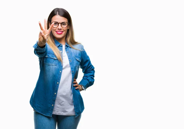 Junge Schöne Frau Mit Brille Vor Isoliertem Hintergrund Die Mit — Stockfoto