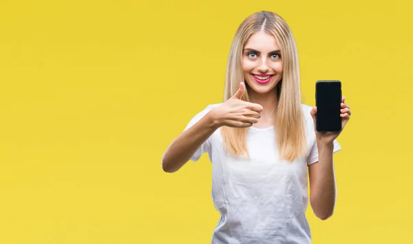 Giovane Bella Donna Bionda Che Mostra Smartphone Sfondo Isolato Felice — Foto Stock