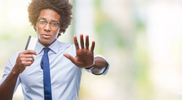 Afro American Man Holding Credit Card Isolated Background Open Hand — Stock Photo, Image