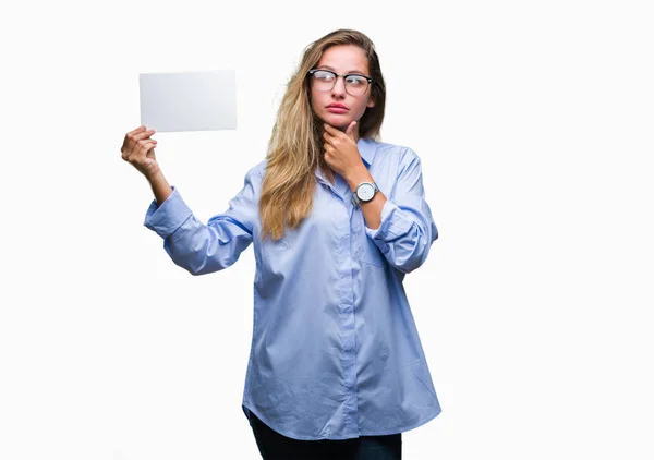 Young Beautiful Blonde Business Woman Holding Blank Card Isolated Background — Stock Photo, Image