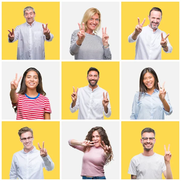 勝利のサインをやって指を表示するカメラを笑みを浮かべて隔離された背景が黄色以上人の若者やシニアのグループのコラージュ — ストック写真