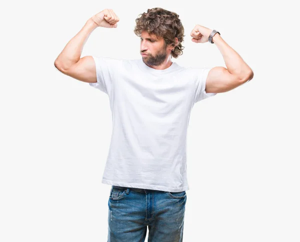 Knappe Spaanse Model Man Geïsoleerde Achtergrond Armen Spieren Glimlachend Trots — Stockfoto