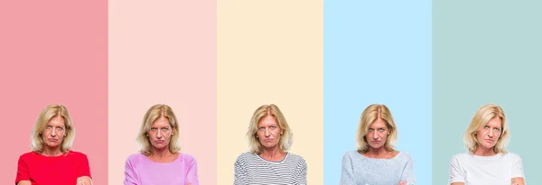 Collage Von Senioren Mittleren Alters Schöne Frau Über Bunte Streifen — Stockfoto