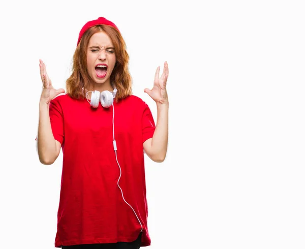 Jovem Bela Mulher Hipster Sobre Fundo Isolado Usando Fones Ouvido — Fotografia de Stock