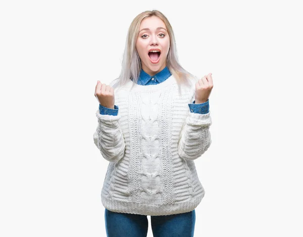 Young Blonde Woman Wearing Winter Sweater Isolated Background Celebrating Surprised — Stock Photo, Image