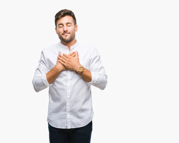 Homem Bonito Jovem Sobre Fundo Isolado Sorrindo Com Mãos Peito — Fotografia de Stock