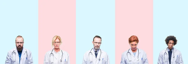 Collage Group Professionals Doctors Wearing Medical Uniform Isolated Background Skeptic — Stock Photo, Image