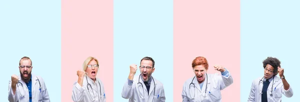 Collage Group Professionals Doctors Wearing Medical Uniform Isolated Background Angry — Stock Photo, Image