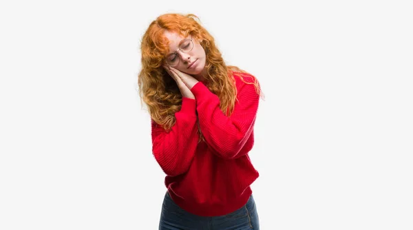 Young Redhead Woman Wearing Red Sweater Sleeping Tired Dreaming Posing — Stock Photo, Image