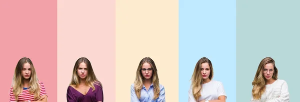 Collage Der Schönen Jungen Frau Über Bunten Streifen Isoliert Hintergrund — Stockfoto