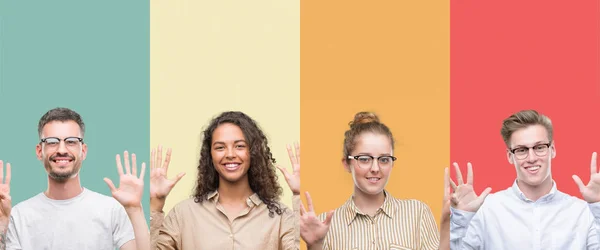 Collage Grupp Människor Isoleras Över Färgstarka Bakgrund Visar Och Pekar — Stockfoto