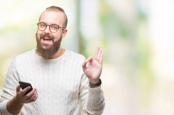 Junge Kaukasische Hipster Mann Sms Senden Nachricht Mit Smartphone Über — Stockfoto