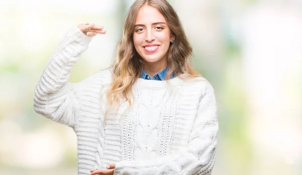 Beautiful Young Blonde Woman Wearing Winter Sweater Isolated Background Gesturing — Stock Photo, Image