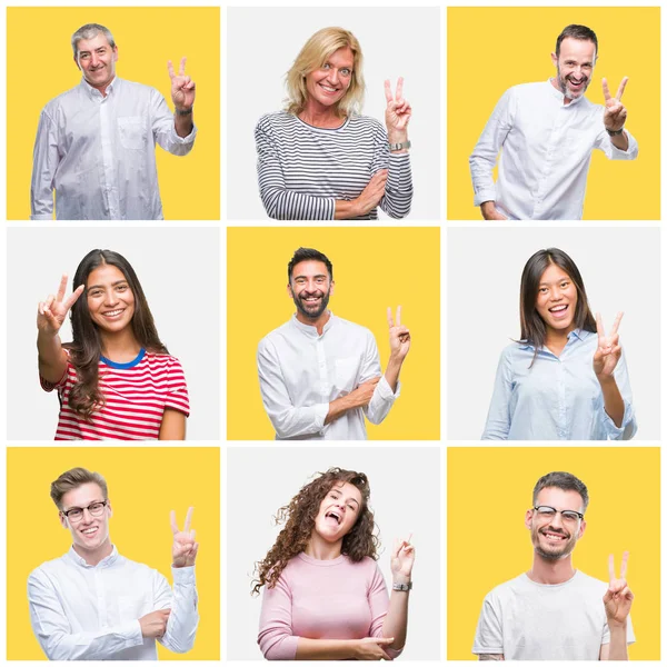 Collage Grupo Jóvenes Personas Mayores Sobre Fondo Aislado Amarillo Sonriendo — Foto de Stock