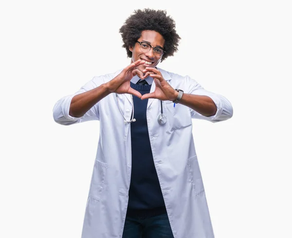 Afro American Doctor Man Isolated Background Smiling Love Showing Heart — Stock Photo, Image