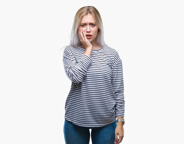 Young Blonde Woman Isolated Background Touching Mouth Hand Painful Expression — Stock Photo, Image