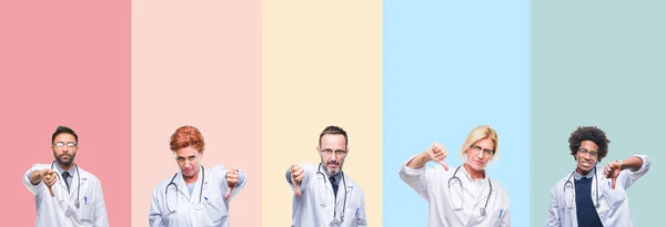 Collage Medici Professionisti Strisce Colorate Sfondo Isolato Cercando Infelice Arrabbiato — Foto Stock